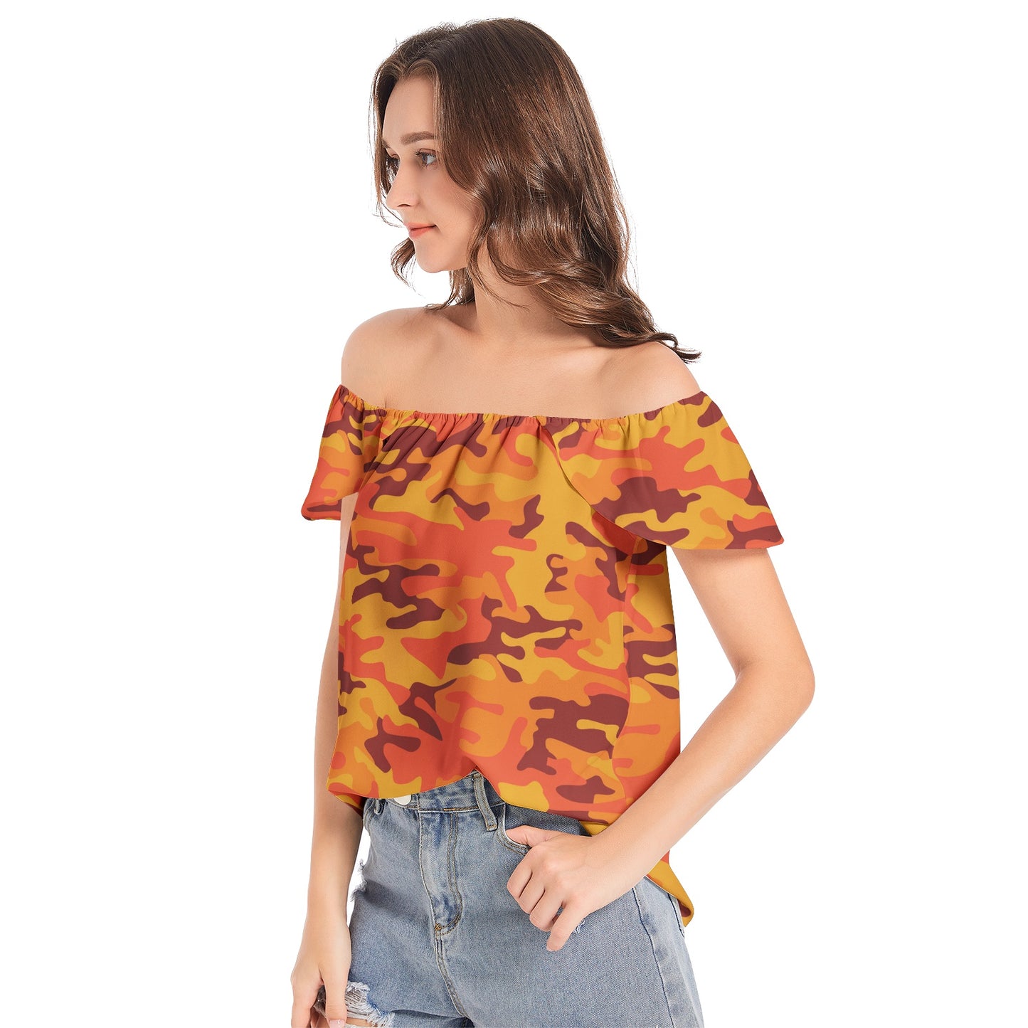 Off The Shoulder Camo Top | Red and Orange Camouflage