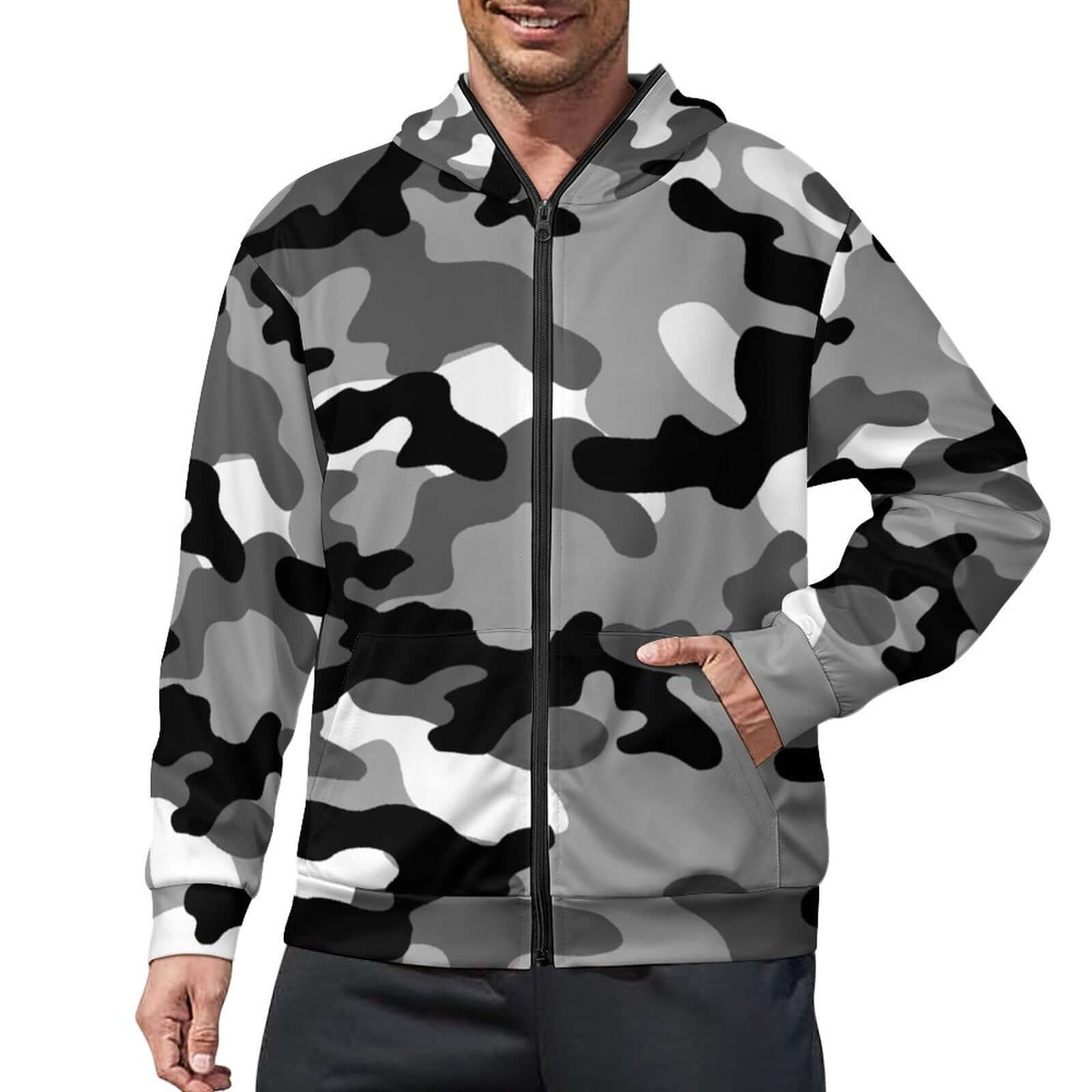 Zip up Camo Hoodie | Black, White & Gray Camouflage