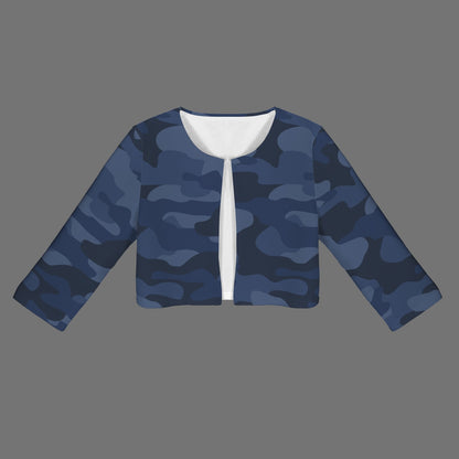 Camo Blazer | Cropped Open Front | Deep Blue Camouflage