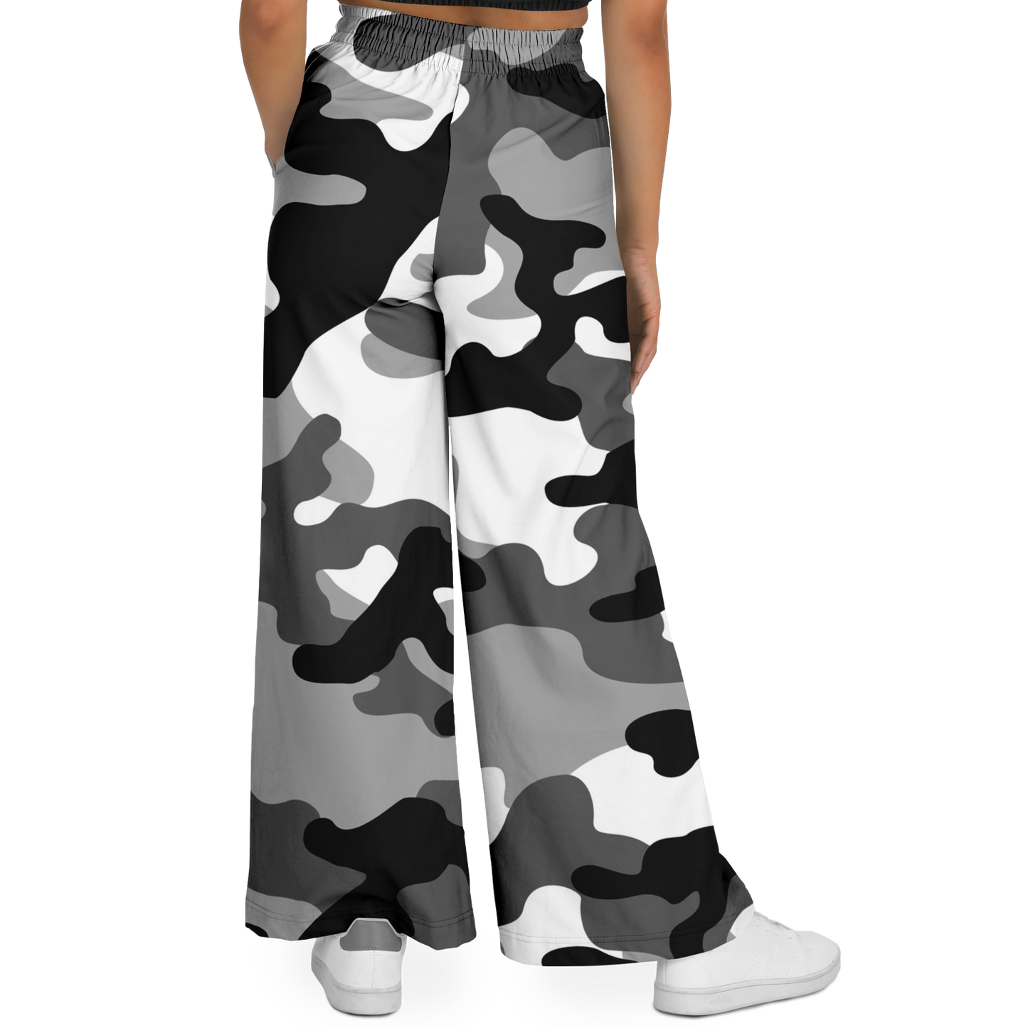 Camo Wide Leg Pants | Black, White & Gray Camouflage