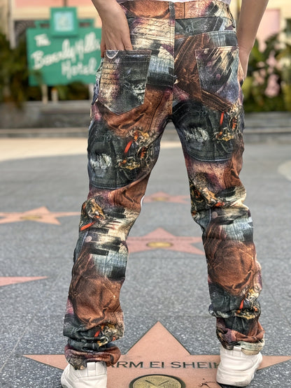 Men's Printed Faux Denim Pants: Trendy 3D Digital Print, Streetwear