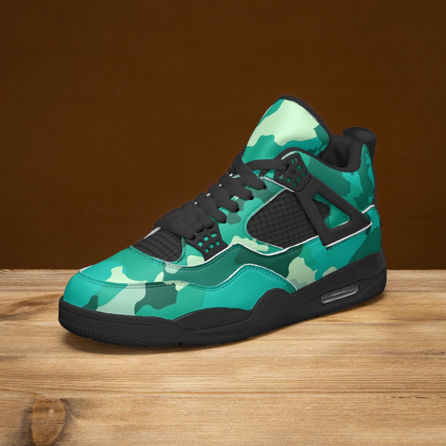 Camo Jordans AJ4 | Cyan Green Camouflage | Black Sole