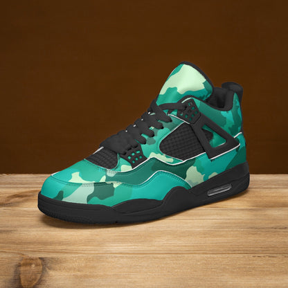 Camo Jordans AJ4 | Cyan Green Camouflage | Black Sole