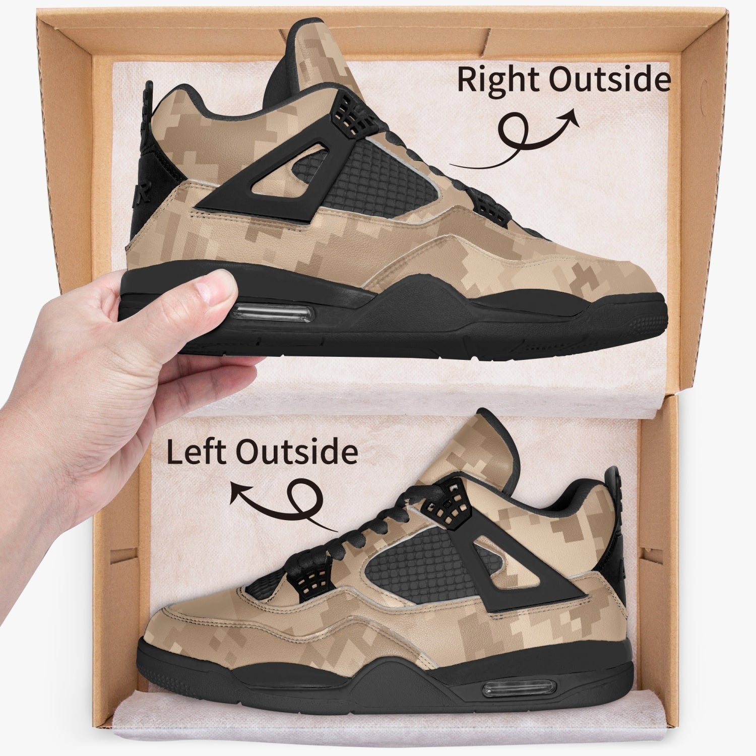 Camo Jordans AJ4 | Brown Pixel Camouflage | Black Sole