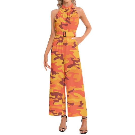 Camo Jumpsuit | Belted Halter Neck | Orange and Red