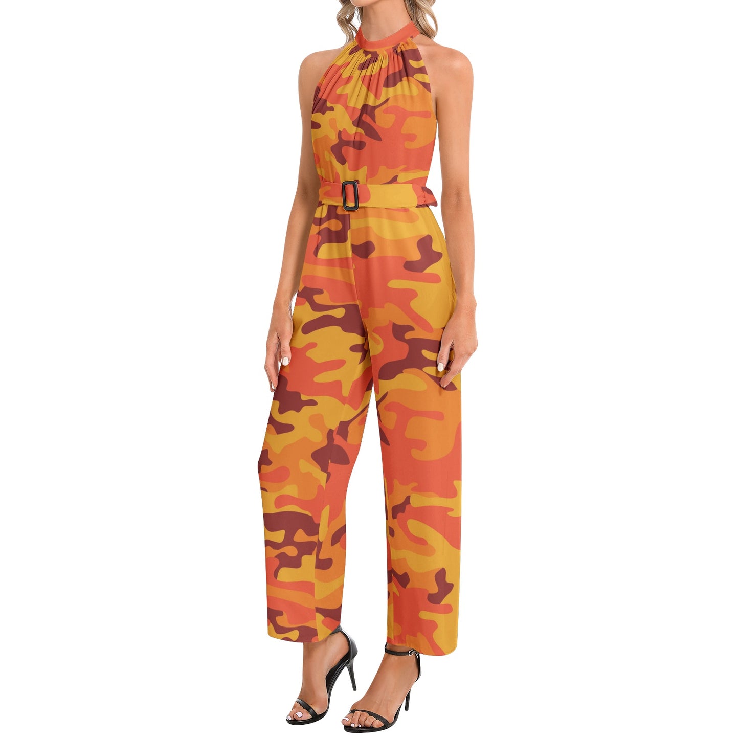 Camo Jumpsuit | Belted Halter Neck | Orange and Red