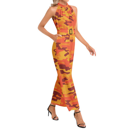 Camo Jumpsuit | Belted Halter Neck | Orange and Red