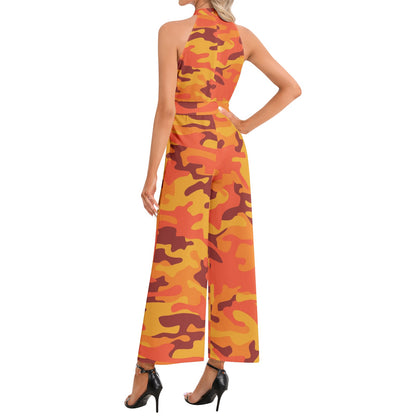 Camo Jumpsuit | Belted Halter Neck | Orange and Red