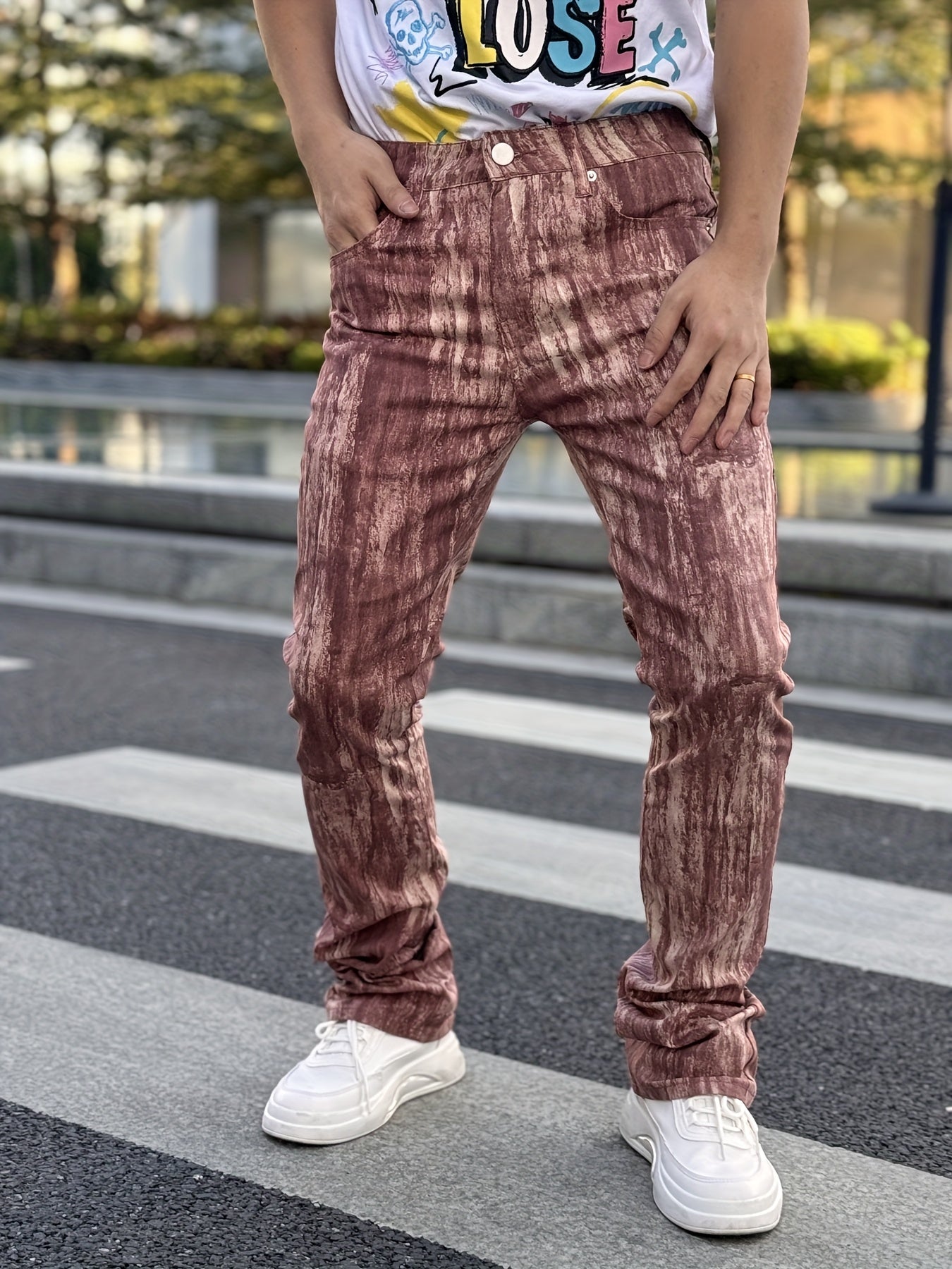 Men's Stretch Denim Flared Pants with 3D Digital Print