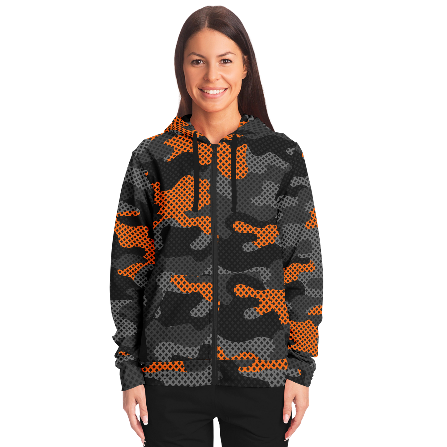 Zip-Up Hoodie | Orange & Black Pixel Camouflage