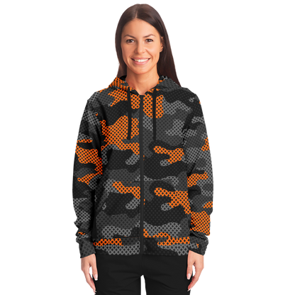 Zip-Up Hoodie | Orange & Black Pixel Camouflage