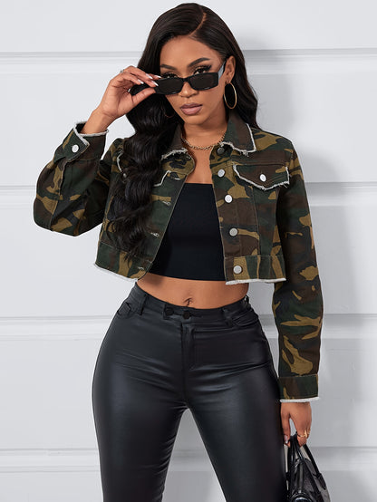 Camo Print Raw Hem Cropped Denim Coat | Long Sleeve Jeans