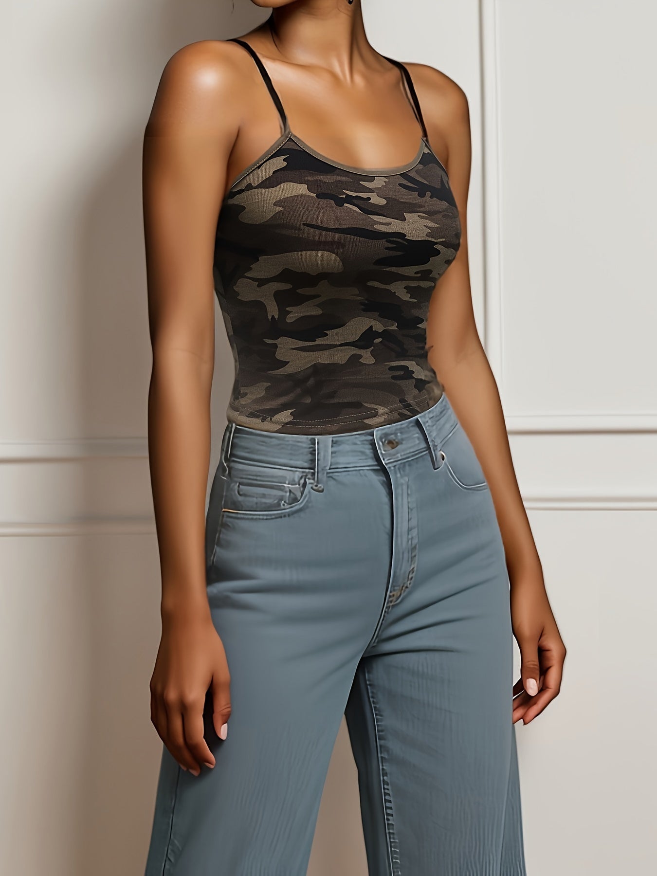 Camo Print Knit Crop Top for Women | Off-Shoulder Sleeveless Tank