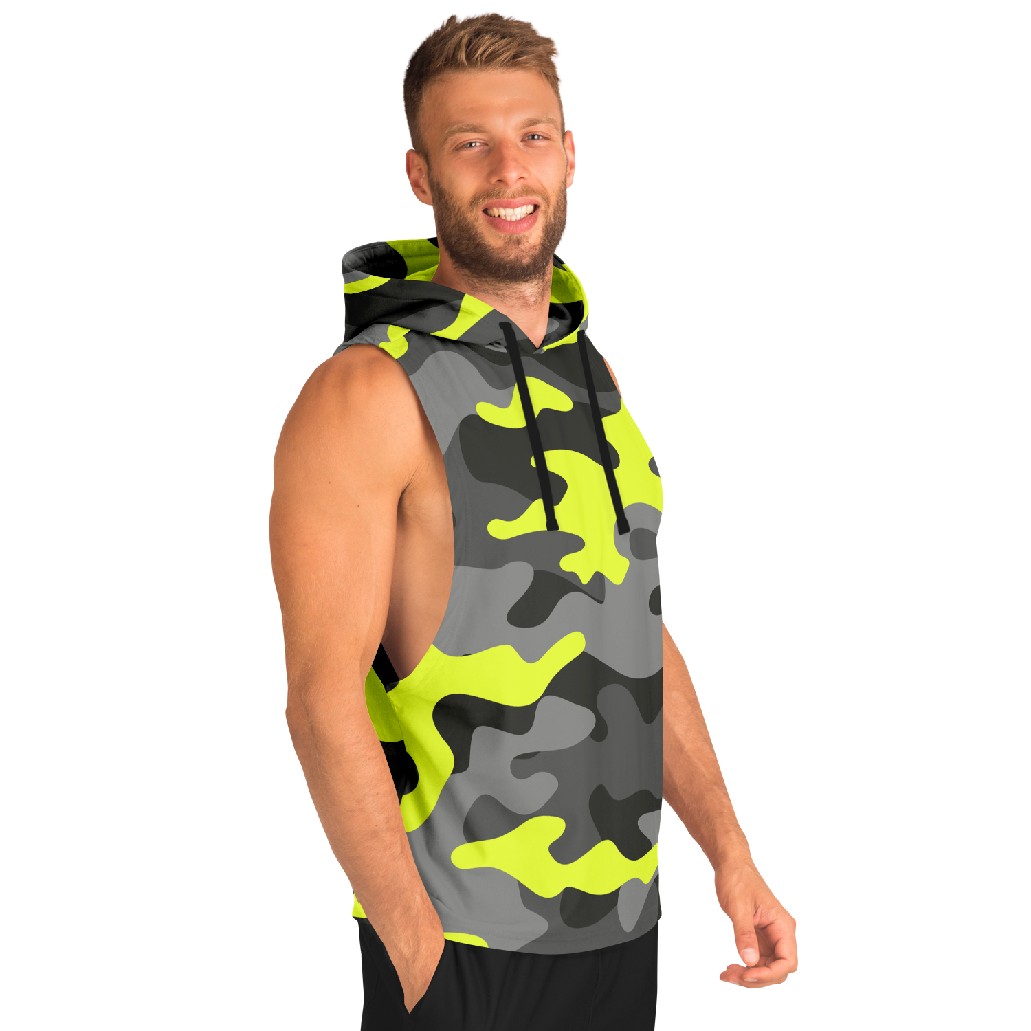 Sleeveless Hoodie | Black, Gray & Yellow Camouflage