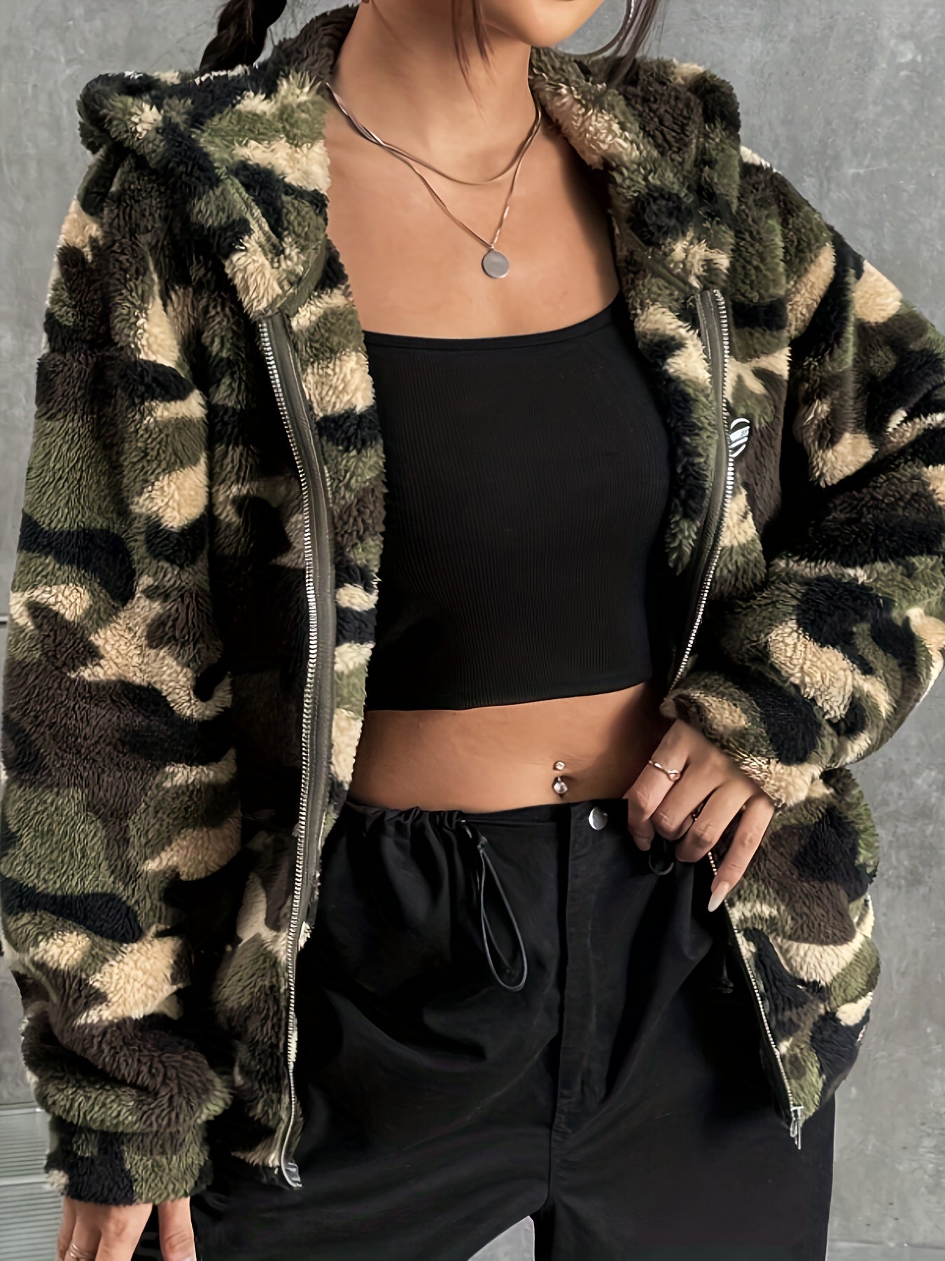 Women's Camo Print Zip-up Fluffy Jacket: Hooded, Fall/Winter