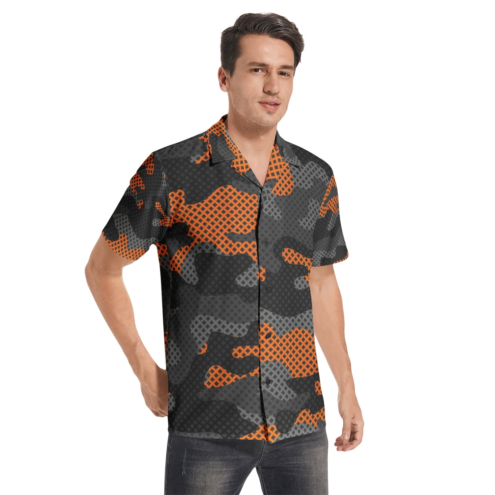 Cotton Camo Shirt For Men | Black & Orange Pixel Short-Sleeve