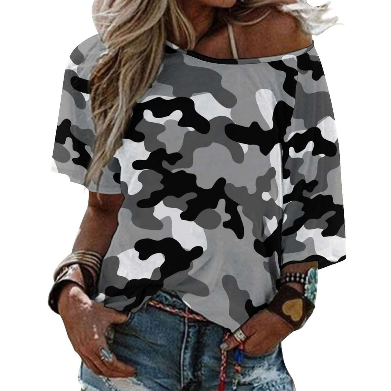 Off The Shoulder Top | Black, White & Gray Camo Shirt