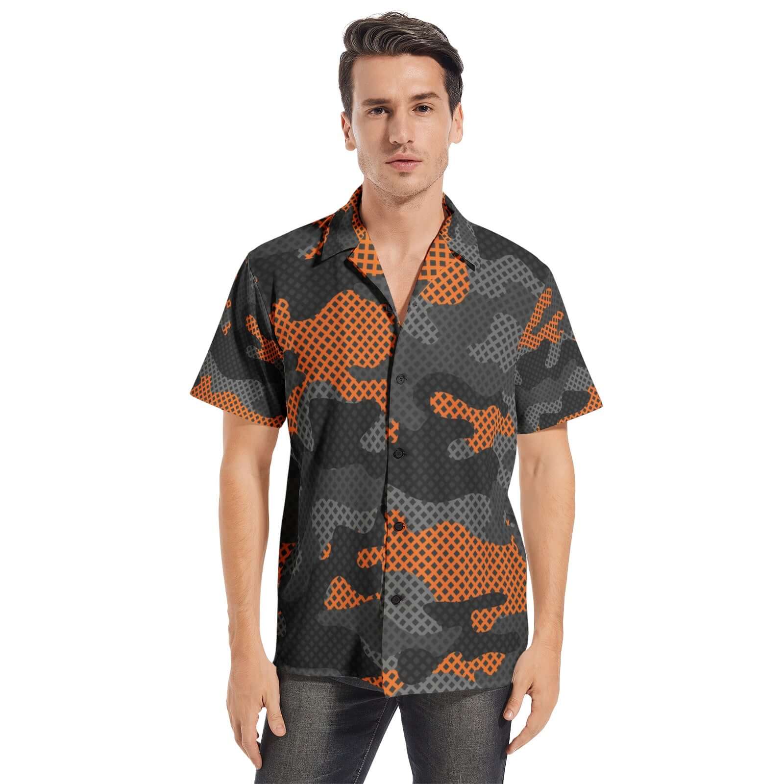 Cotton Camo Shirt For Men | Black & Orange Pixel Short-Sleeve