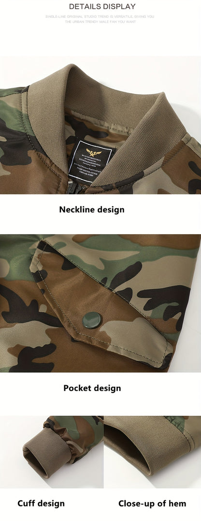 Camo Bomber Jacket with Baseball Collar & Pockets