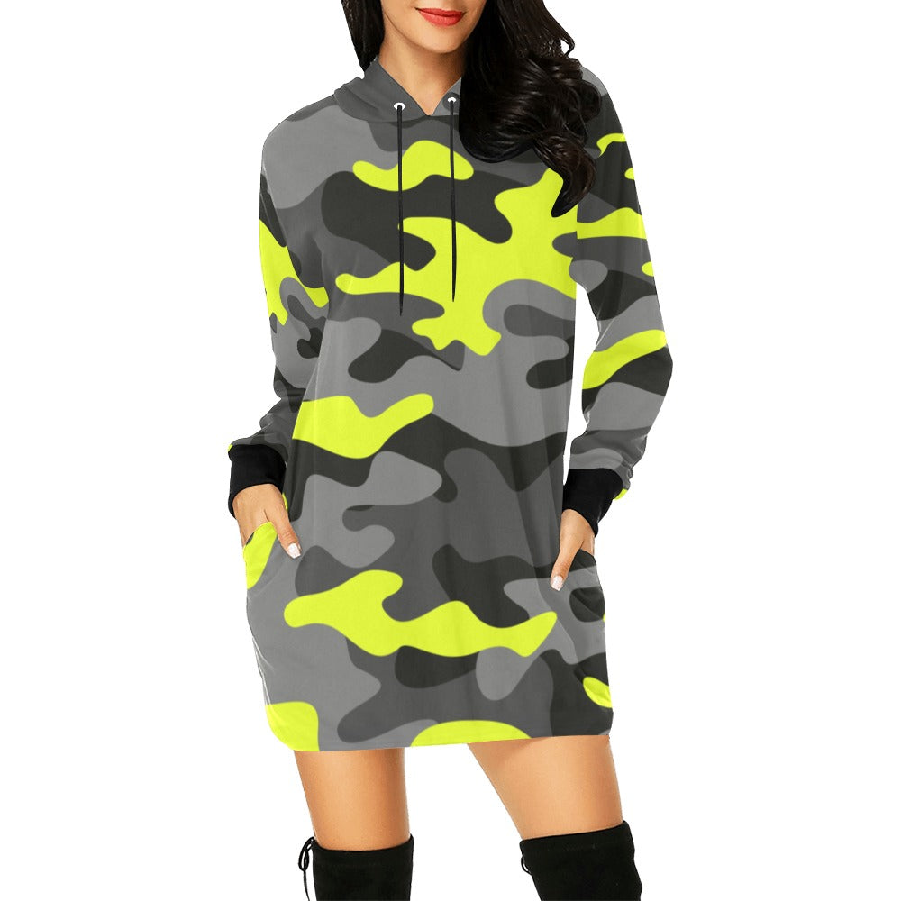 Camo Hoodie Dress | Yellow, Black, and Gray Camouflage