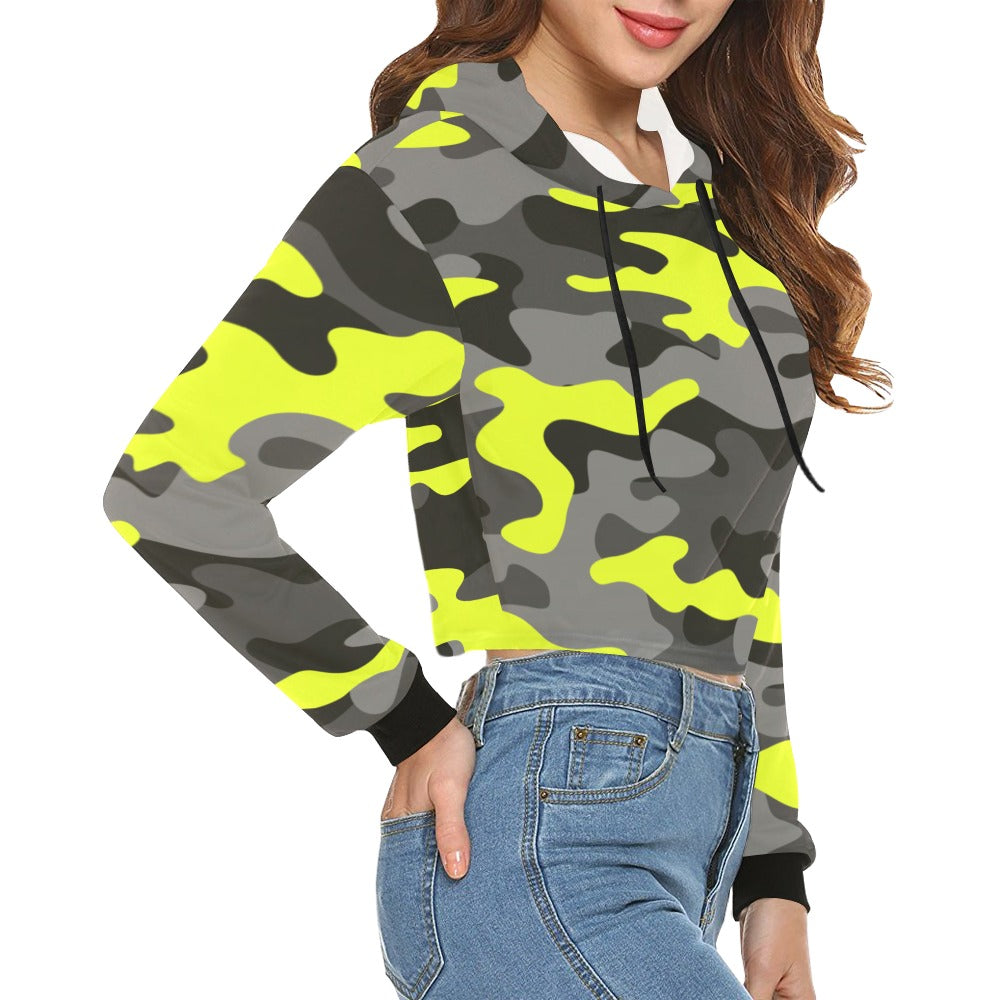 Cropped Camo Hoodie | Tight Fit | Yellow, Black, and Gray Camouflage