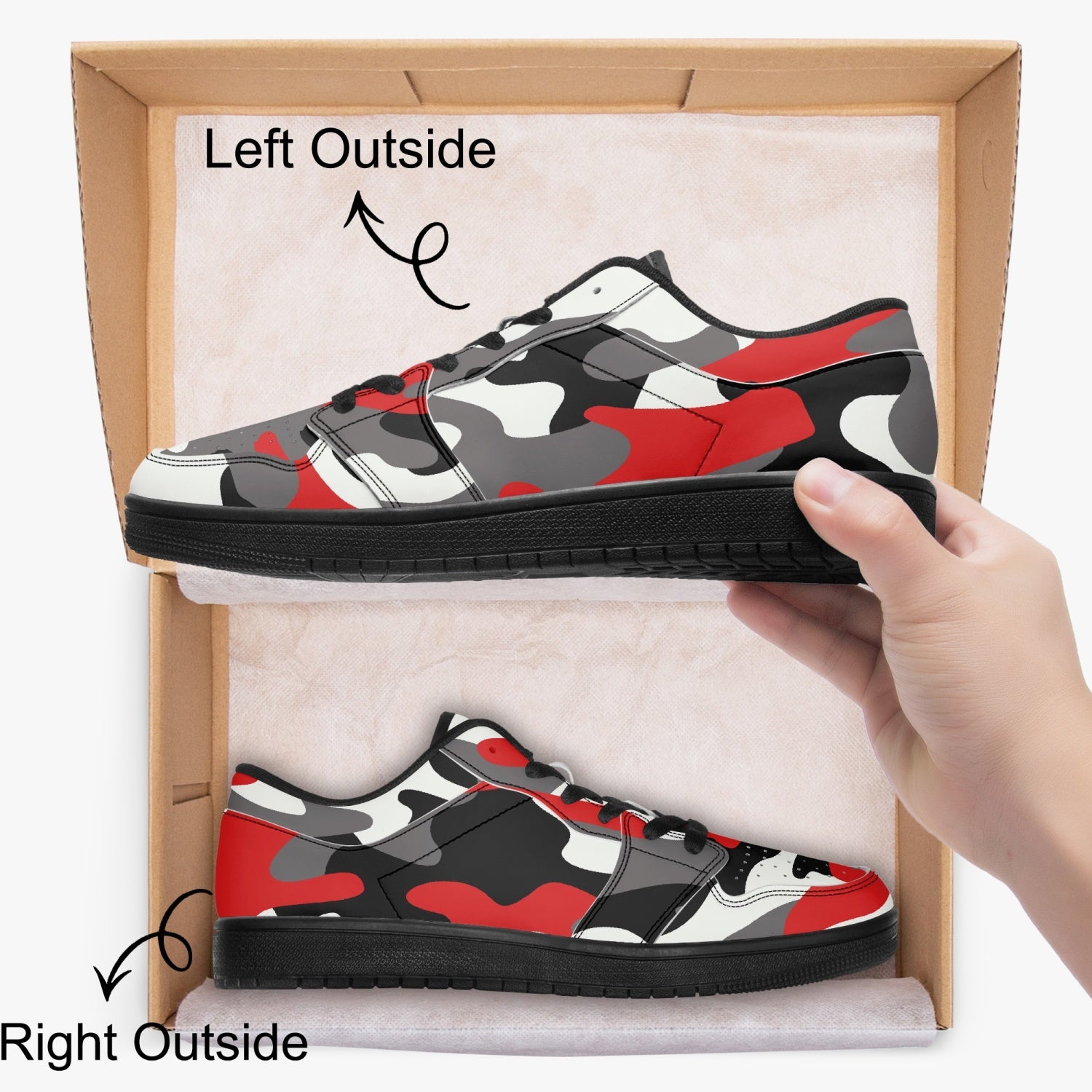 Camo Sneakers | Red Black Low-Top Leather Camouflage Shoes