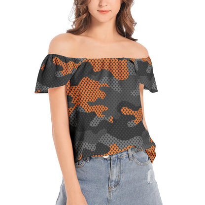 Off The Shoulder Camo Top | Orange & Black Pixel Camouflage