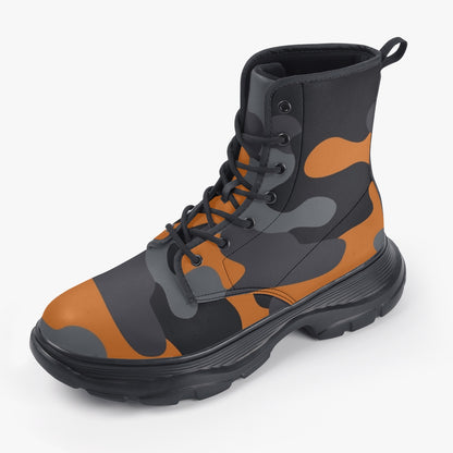 Chunky Boots | Leather in Orange, Black, & Gray Camouflage