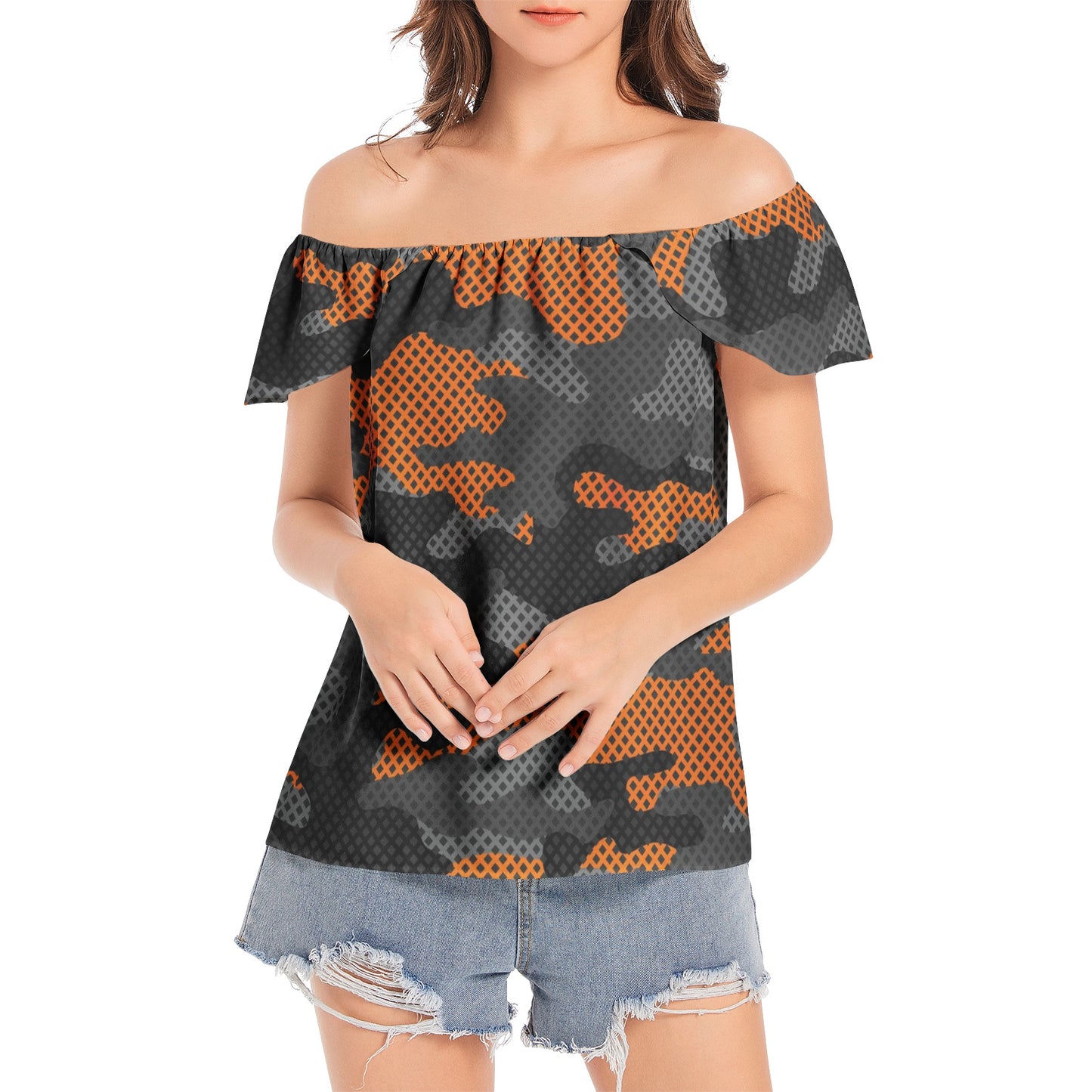 Off The Shoulder Camo Top | Orange & Black Pixel Camouflage