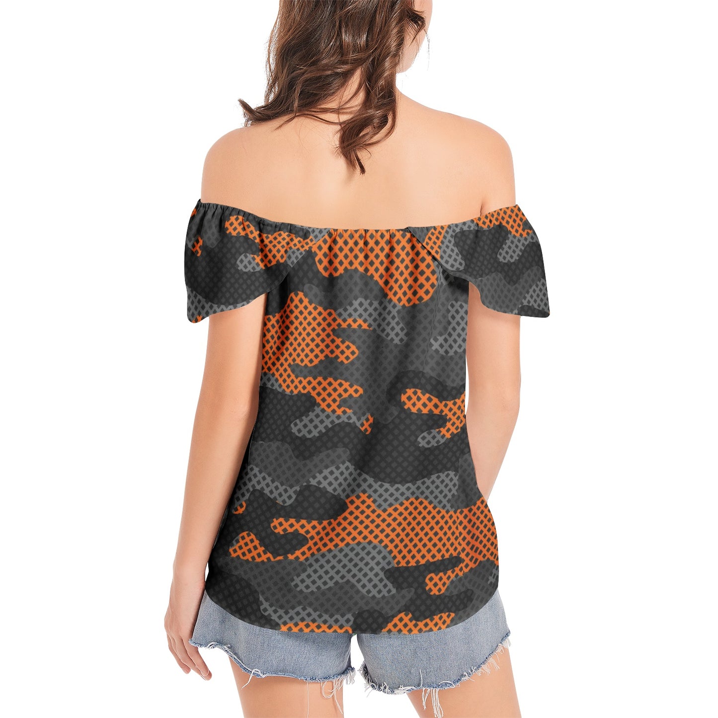 Off The Shoulder Camo Top | Orange & Black Pixel Camouflage