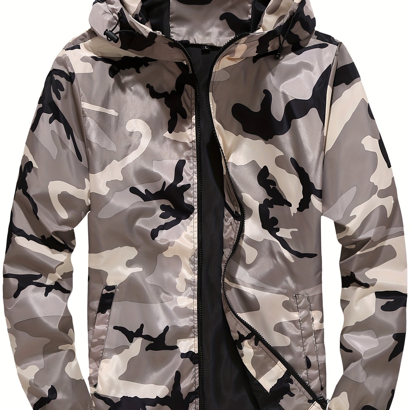 Men's Grey Hooded Zip Up Camouflage Lightweight Jacket