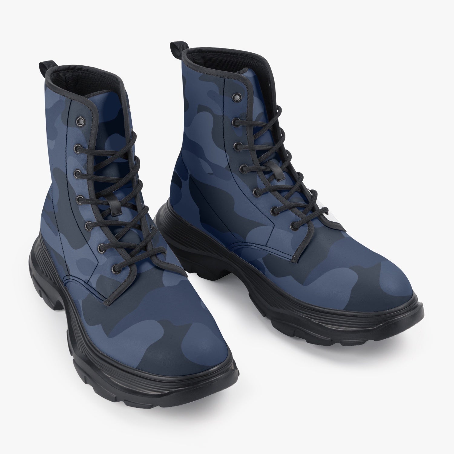 Chunky Boots | Leather in Deep Blue Camouflage