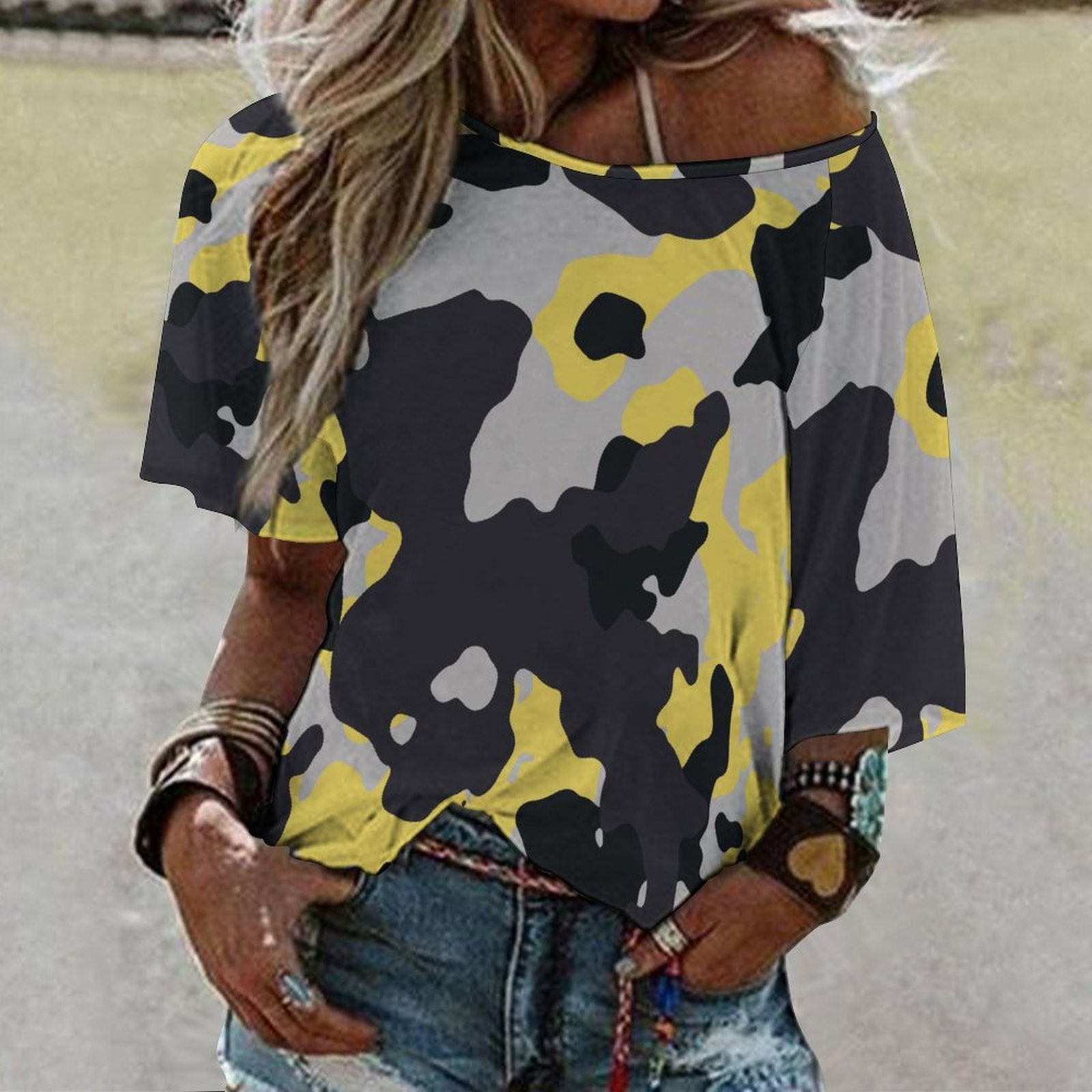 Off The Shoulder Top | Yellow, Black & Silver Camouflage