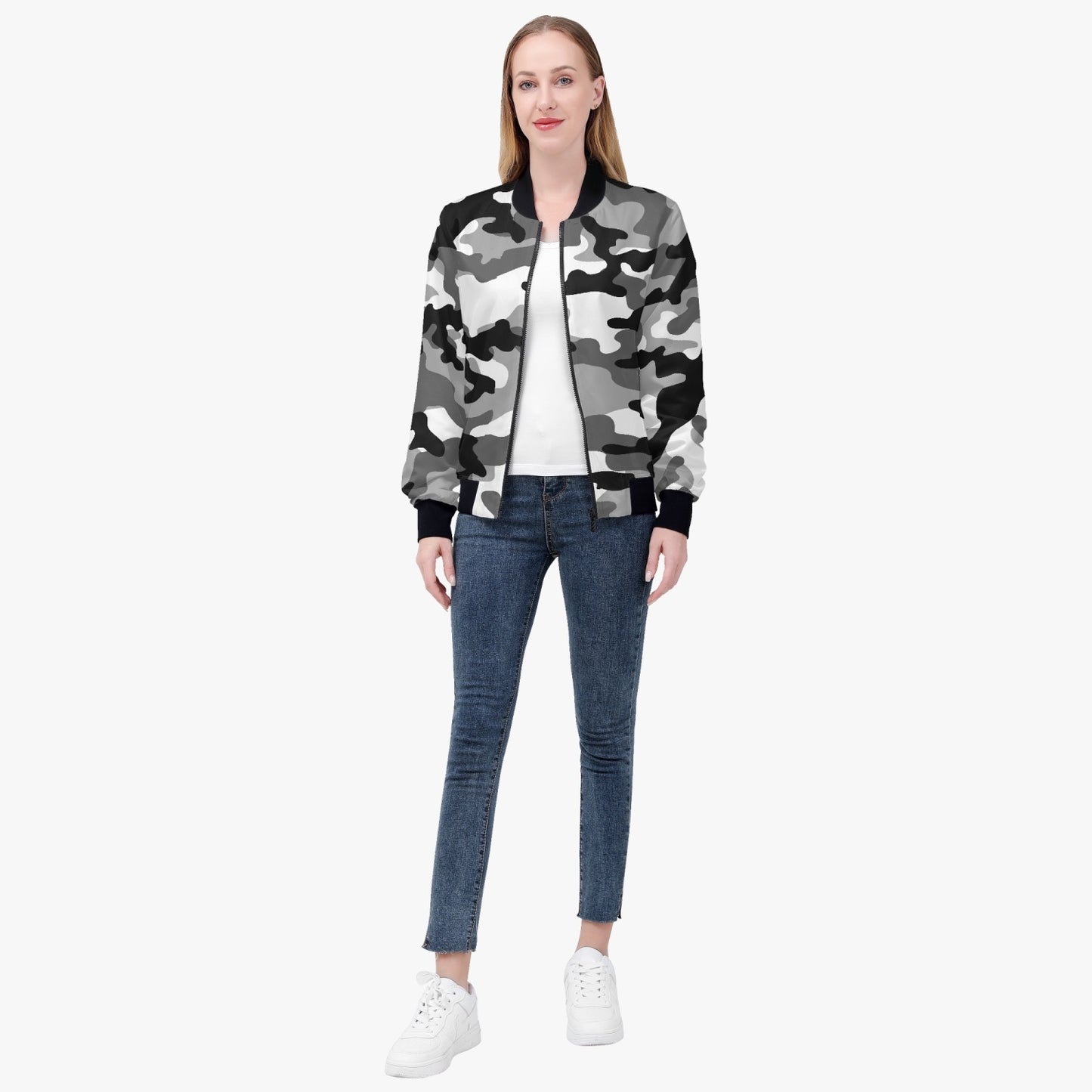 Women's Camo Bomber Jacket | Gray, Black and White