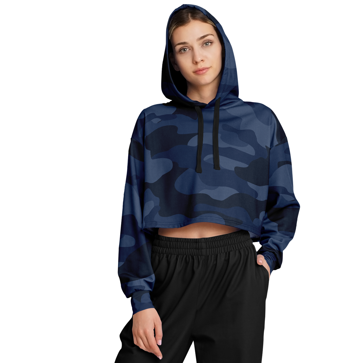 Cropped Hoodie For Women | Deep Blue Camouflage