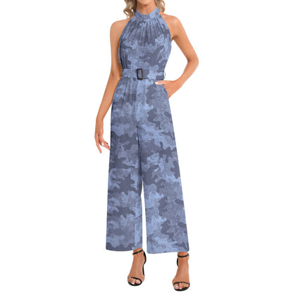 Camo Jumpsuit | Belted Halter Neck | Denim Blue