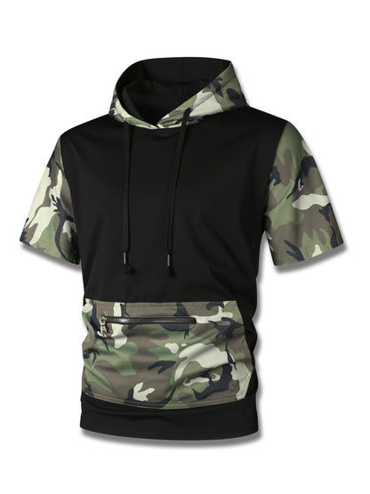 Men's Camo Hooded Short Sleeve Sweatshirt With A Zippered Kangaroo Pocket