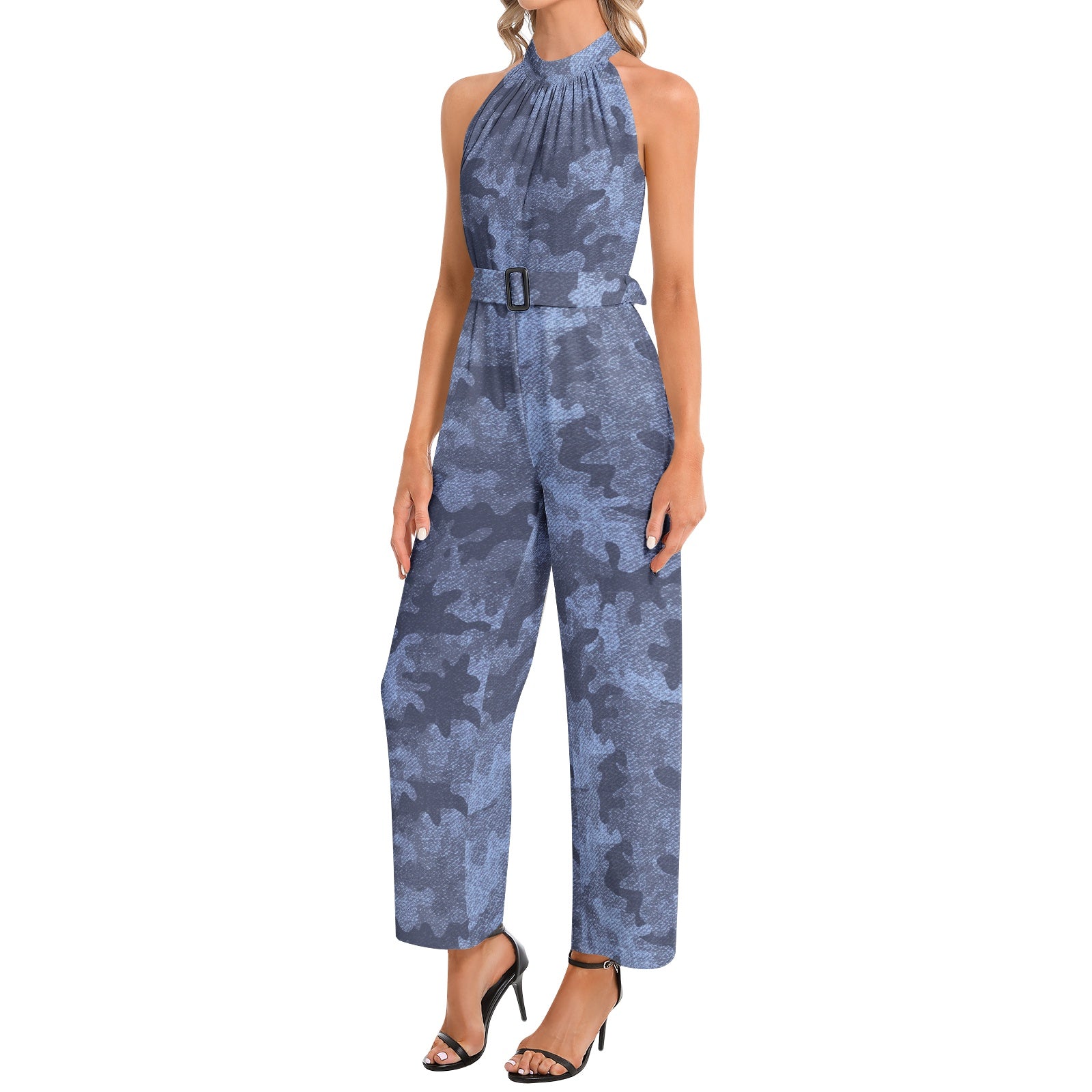 Camo Jumpsuit | Belted Halter Neck | Denim Blue