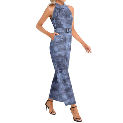 Camo Jumpsuit | Belted Halter Neck | Denim Blue