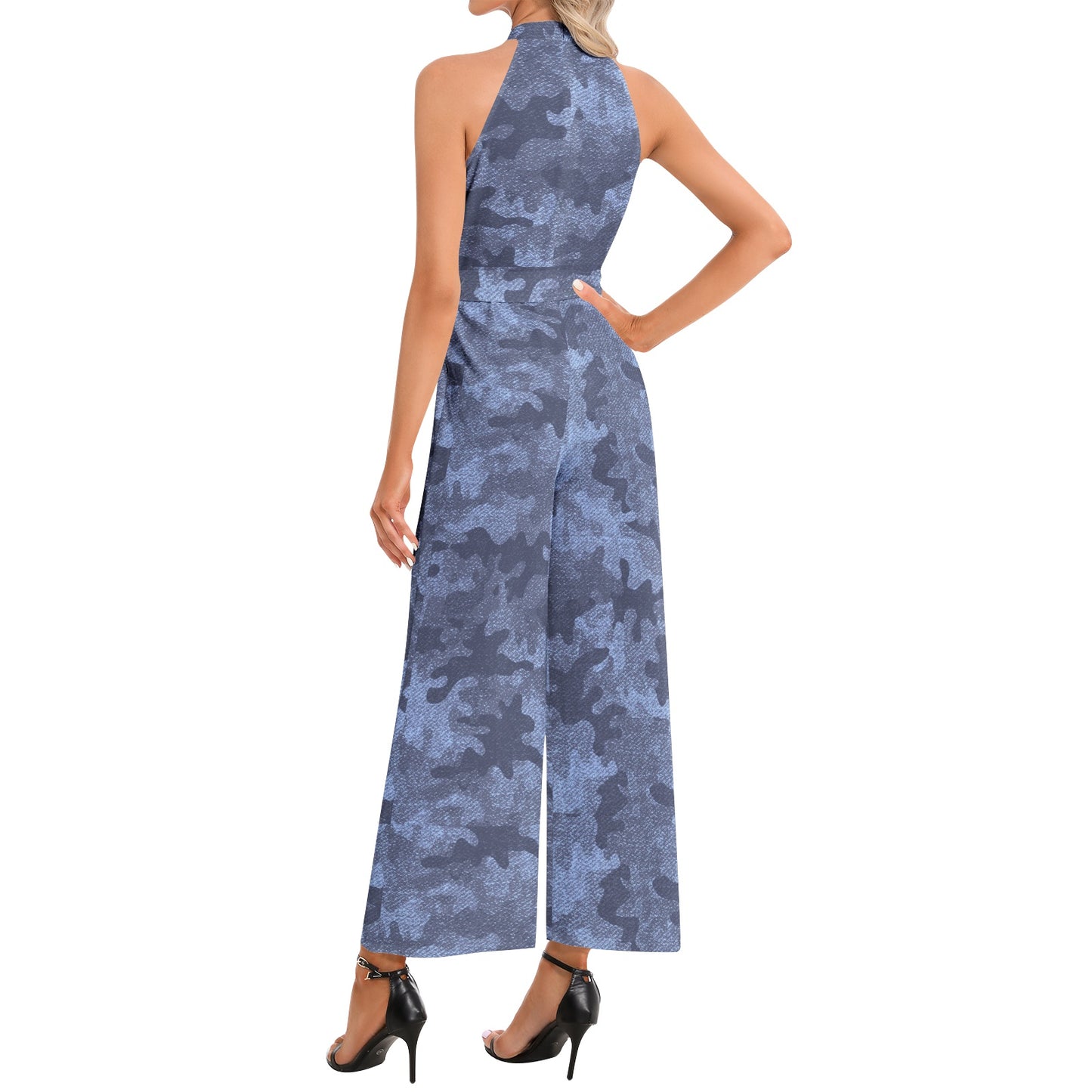 Camo Jumpsuit | Belted Halter Neck | Denim Blue