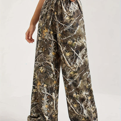 Army Green Plant Flower Camo Wide Leg Pants | Elastic Waist