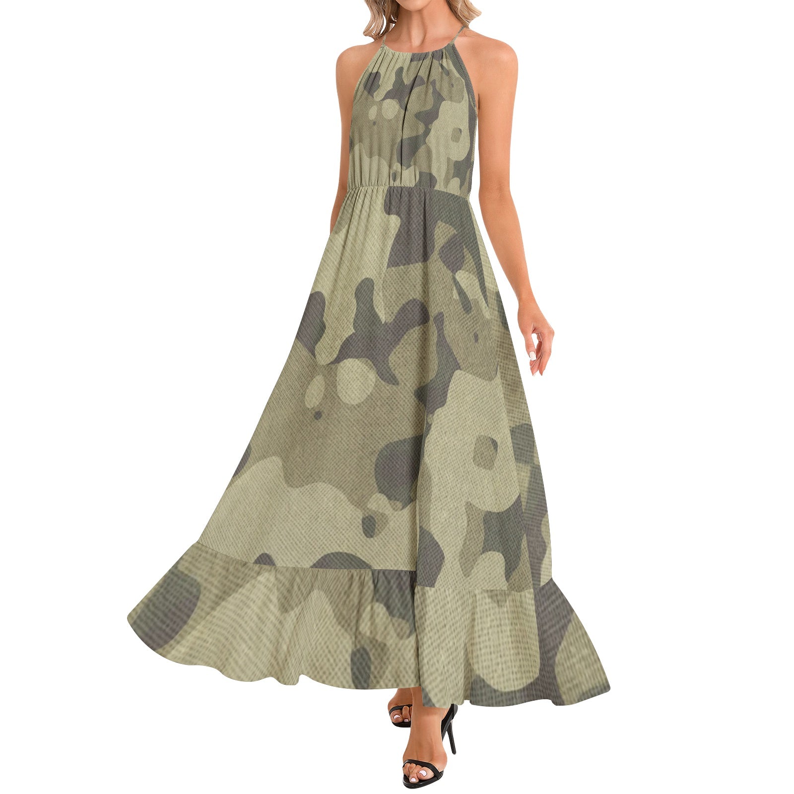 Camo Maxi Dress | Green Fabric | Ruffle Hem