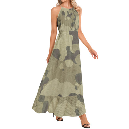 Camo Maxi Dress | Green Fabric | Ruffle Hem