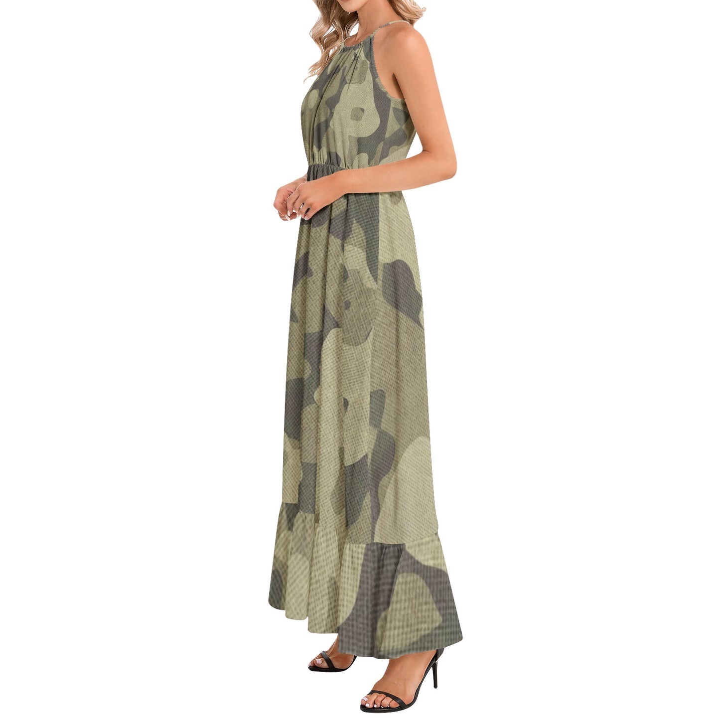 Camo Maxi Dress | Green Fabric | Ruffle Hem