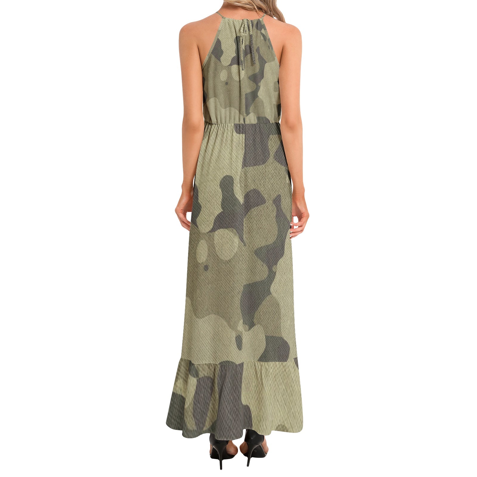 Camo Maxi Dress | Green Fabric | Ruffle Hem