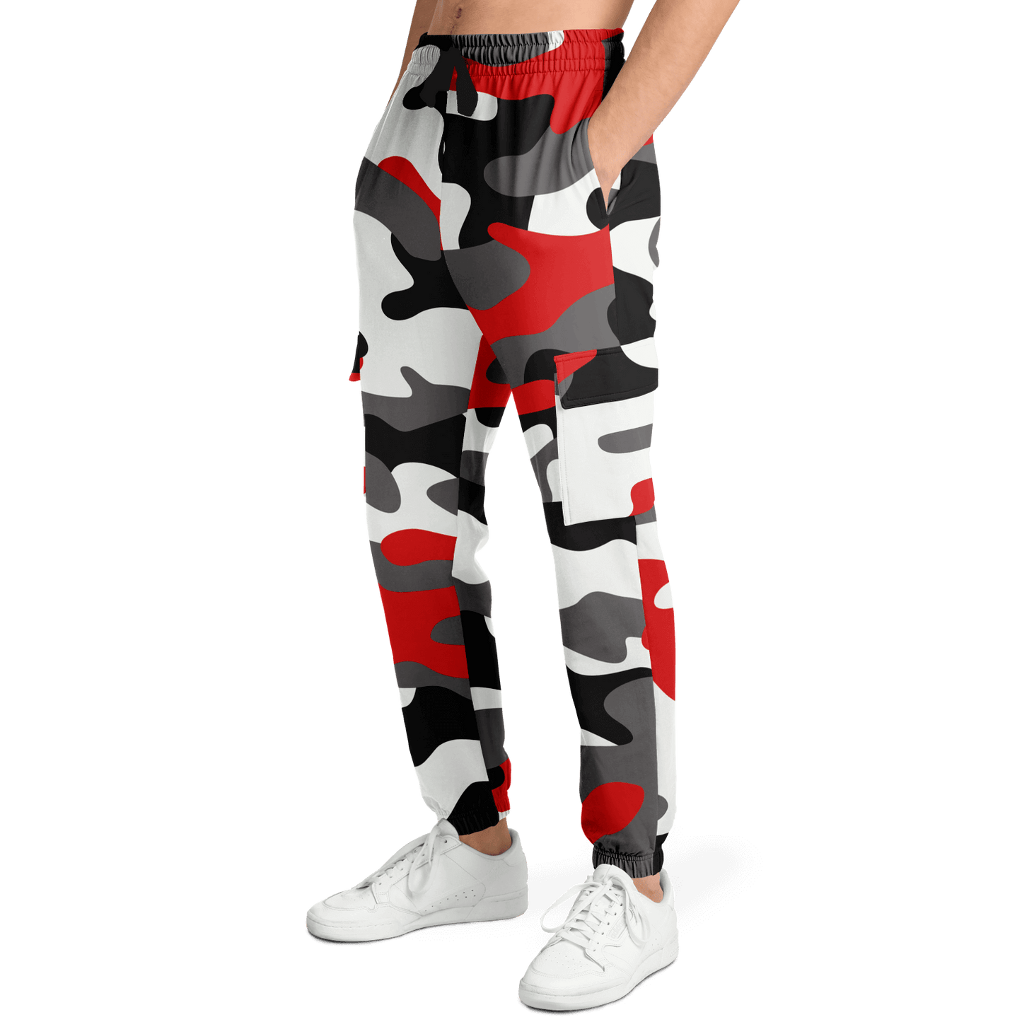 Camo Cargo Pants Unisex Red Black and White Design