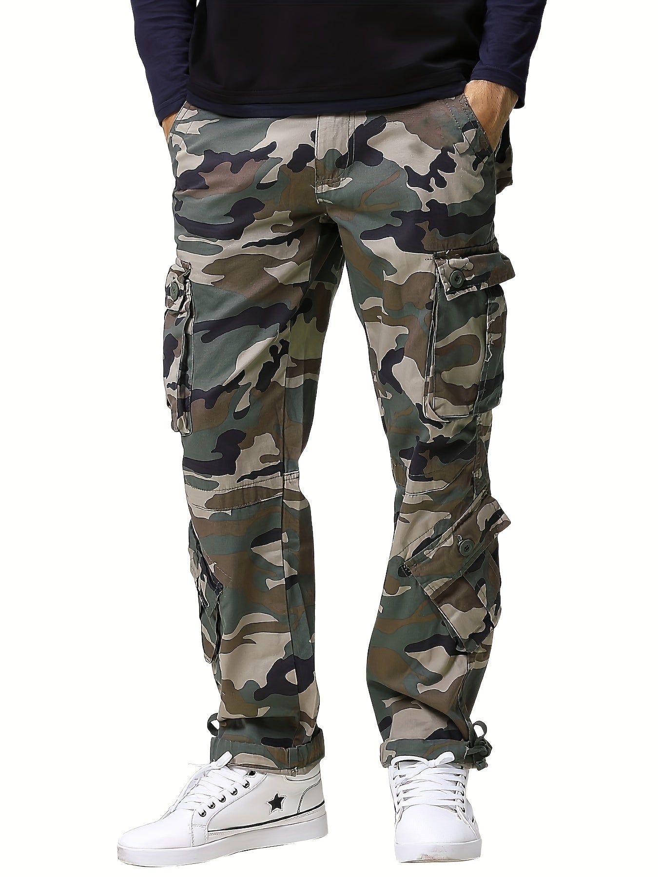 Camo Cargo Pants for Men: Cotton, Casual Fit, Zip & Drawstring Closure