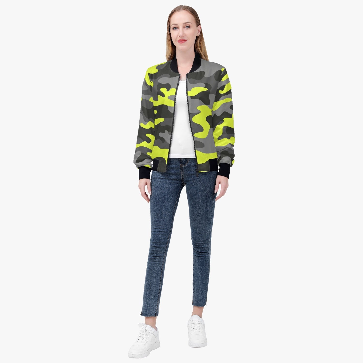 Women's Camo Bomber Jacket | Yellow, Black and Gray