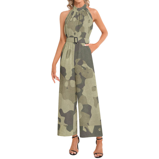 Camo Jumpsuit | Belted Halter Neck | Green Fabric Camouflage