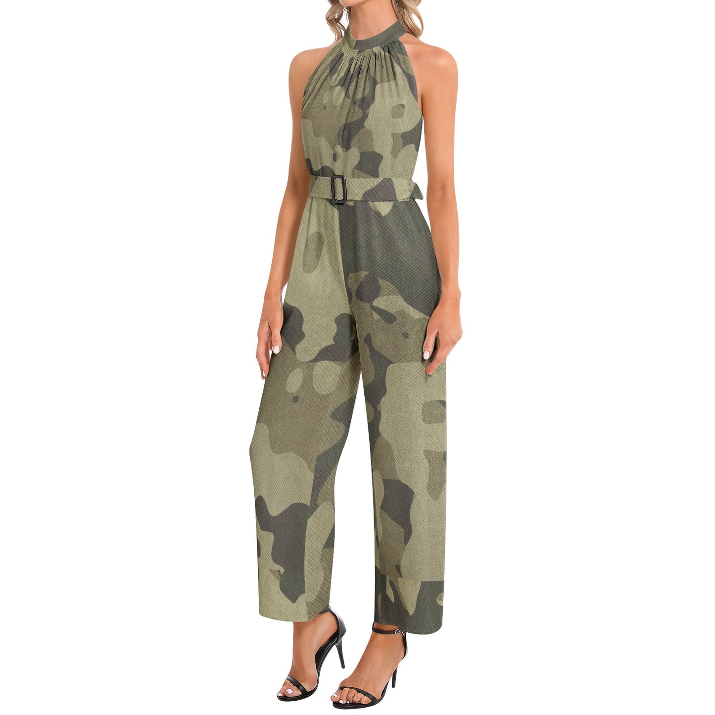 Camo Jumpsuit | Belted Halter Neck | Green Fabric Camouflage